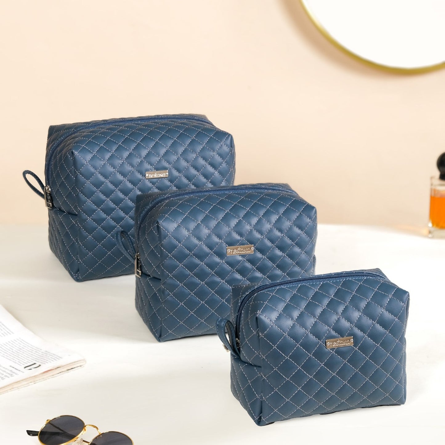 Bluish Grey Quilted Makeup Bags Set Of 3