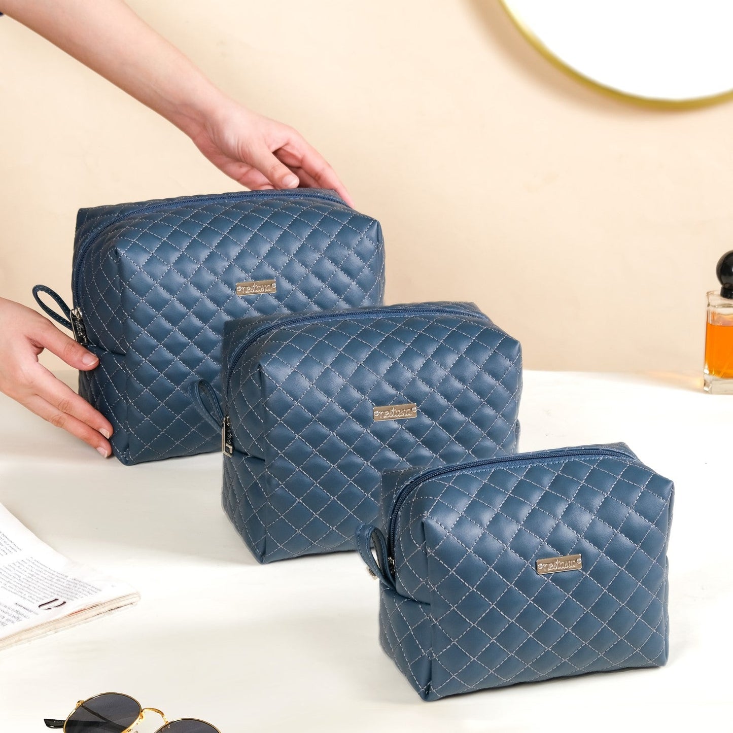 Bluish Grey Quilted Makeup Bags Set Of 3