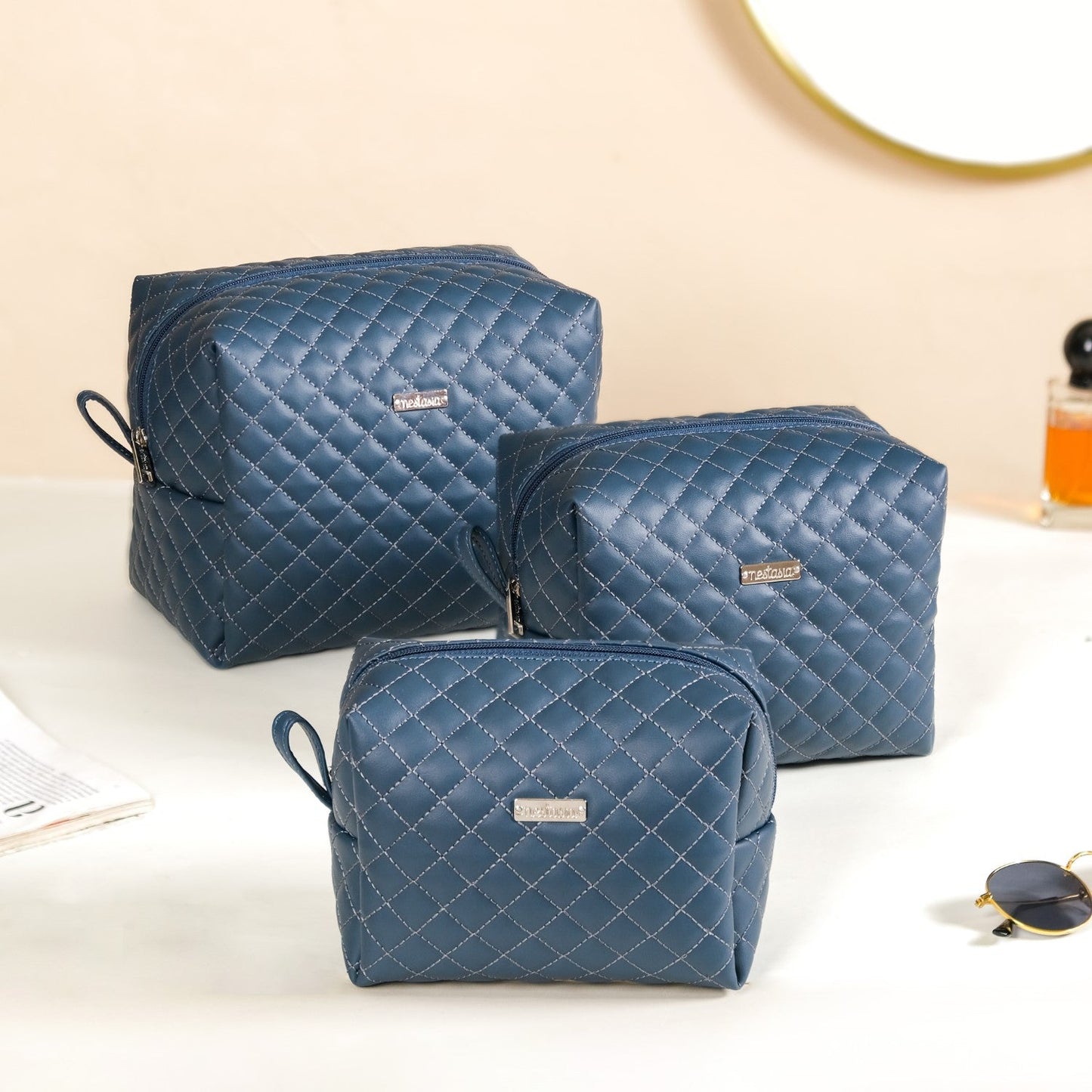 Bluish Grey Quilted Makeup Bags Set Of 3