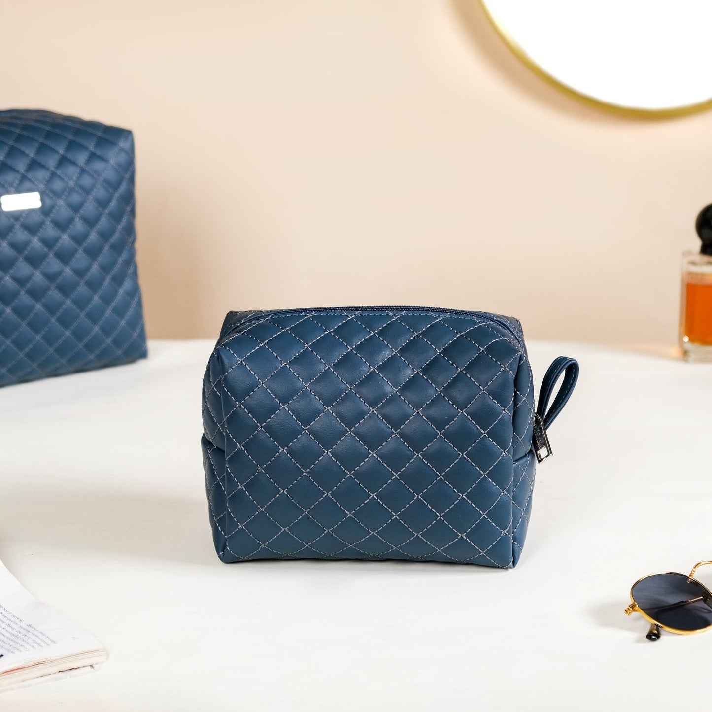 Bluish Grey Quilted Makeup Bags Set Of 3